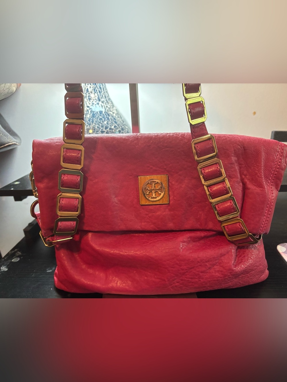 Authentic Tory Burch Louiisa Fold-Over Leather Crossbody Bag – Fuchsia Pink